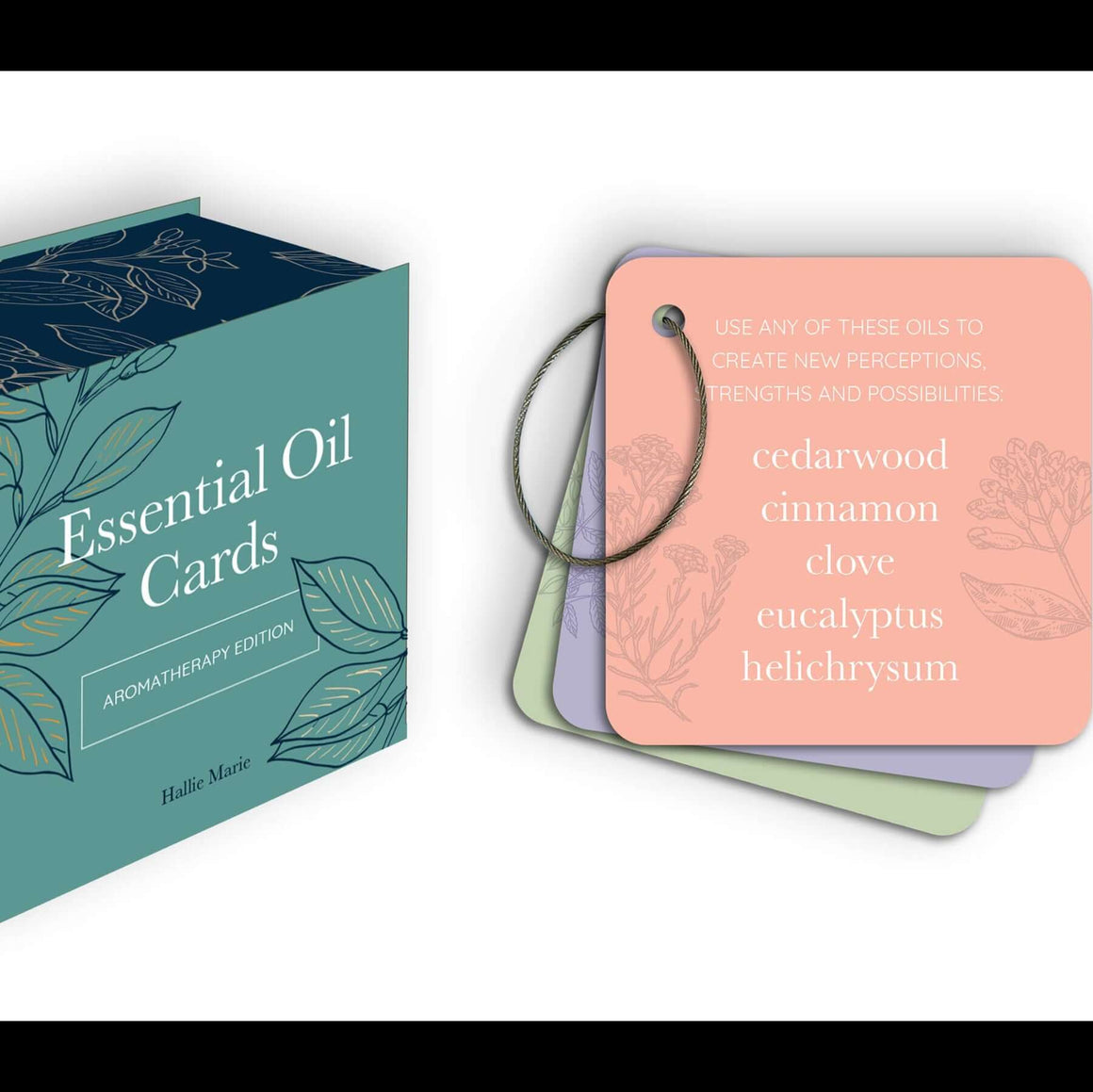 Set of essential oil cards with a box labeled 'Essential Oil Cards' on a white background.