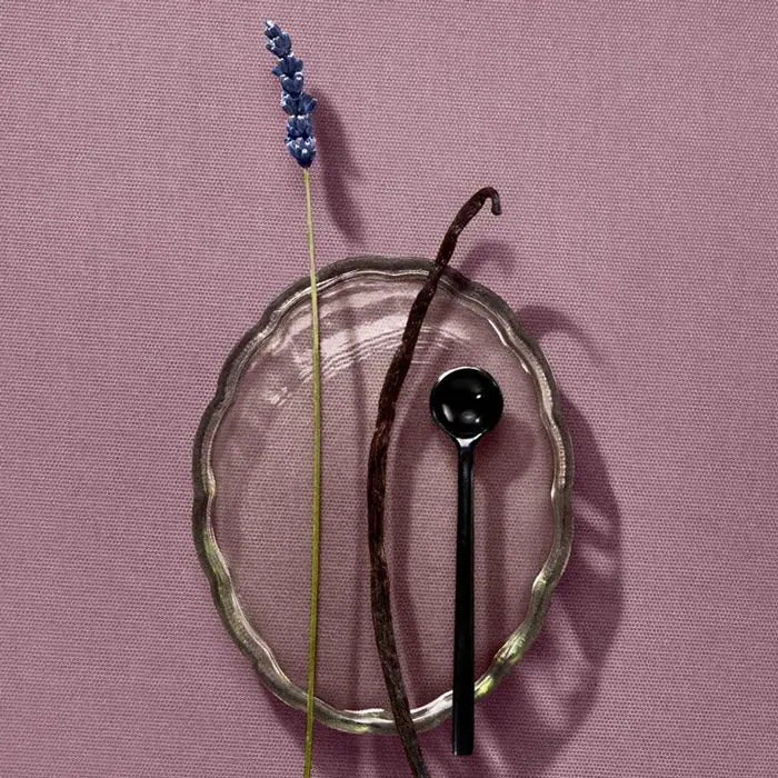 Vanilla bean, black spoon, and lavender on a textured plate against a pink background