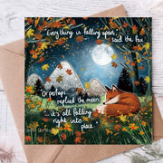Falling Apart Greeting Card by Fox Under The Moon featuring a fox, moon, and autumn leaves illustration.