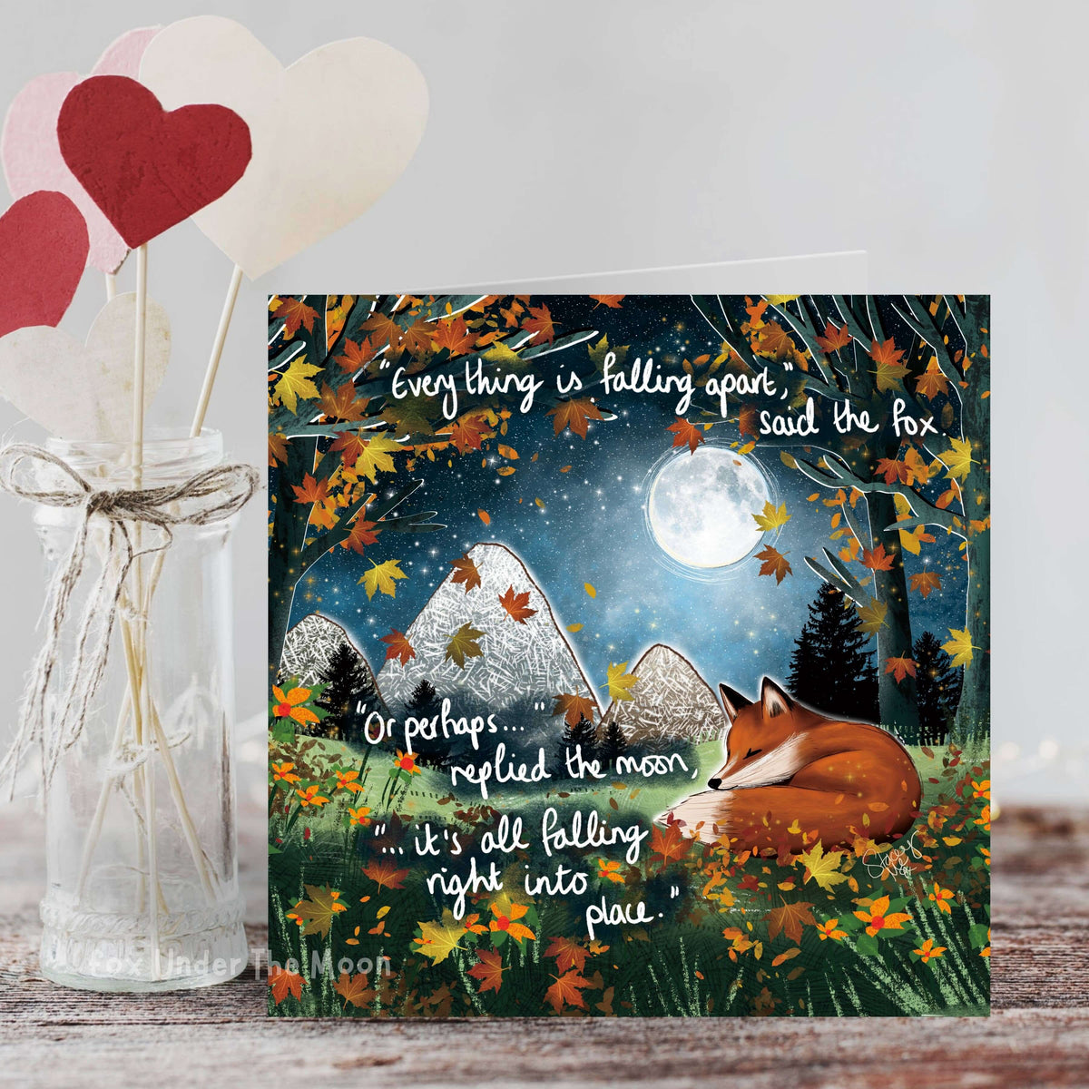 Falling Apart Greeting Card featuring a fox and heartfelt illustration, designed for emotional support by Fox Under The Moon.