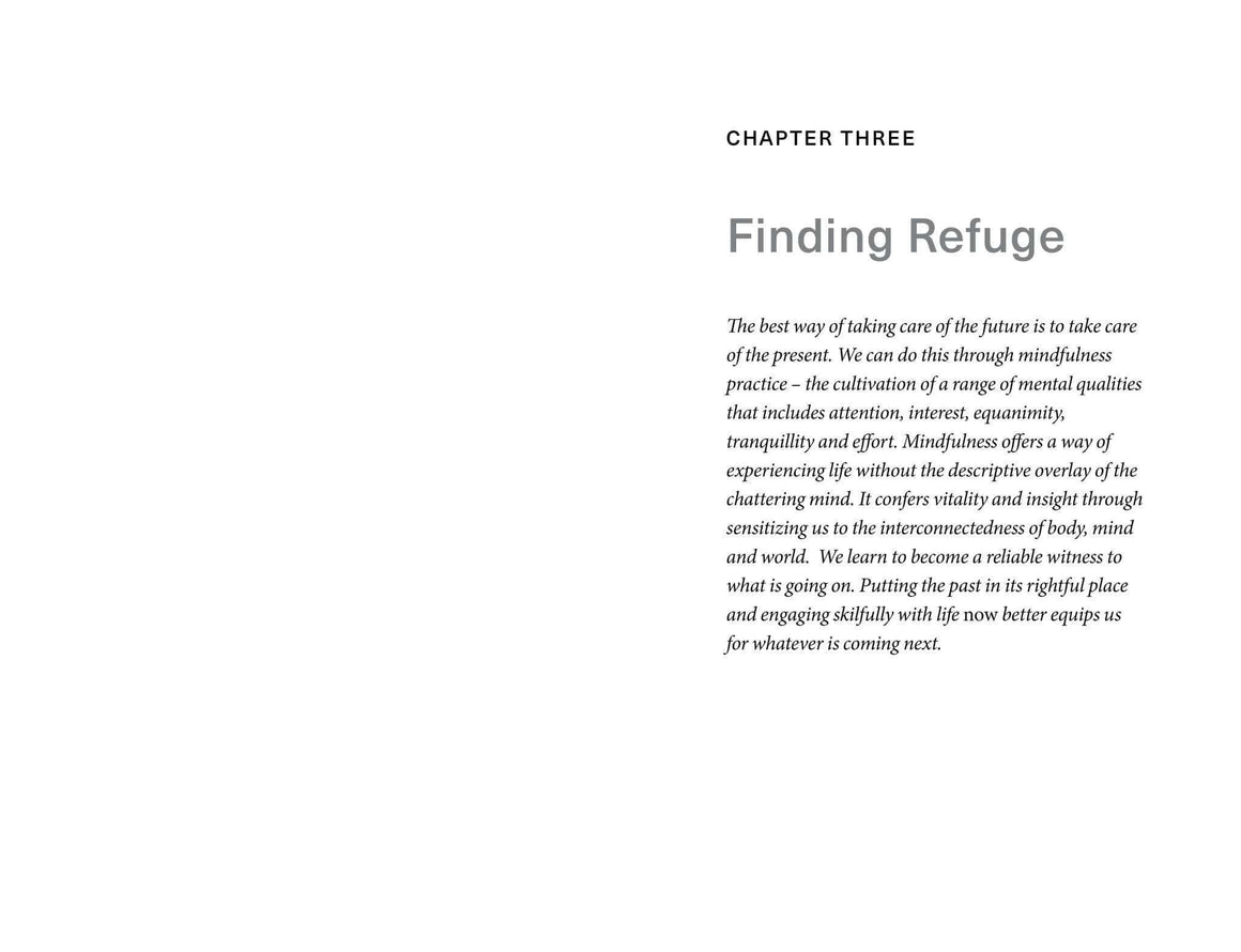 Page from a book titled 'Finding Refuge' discussing mindfulness and self-care practices.