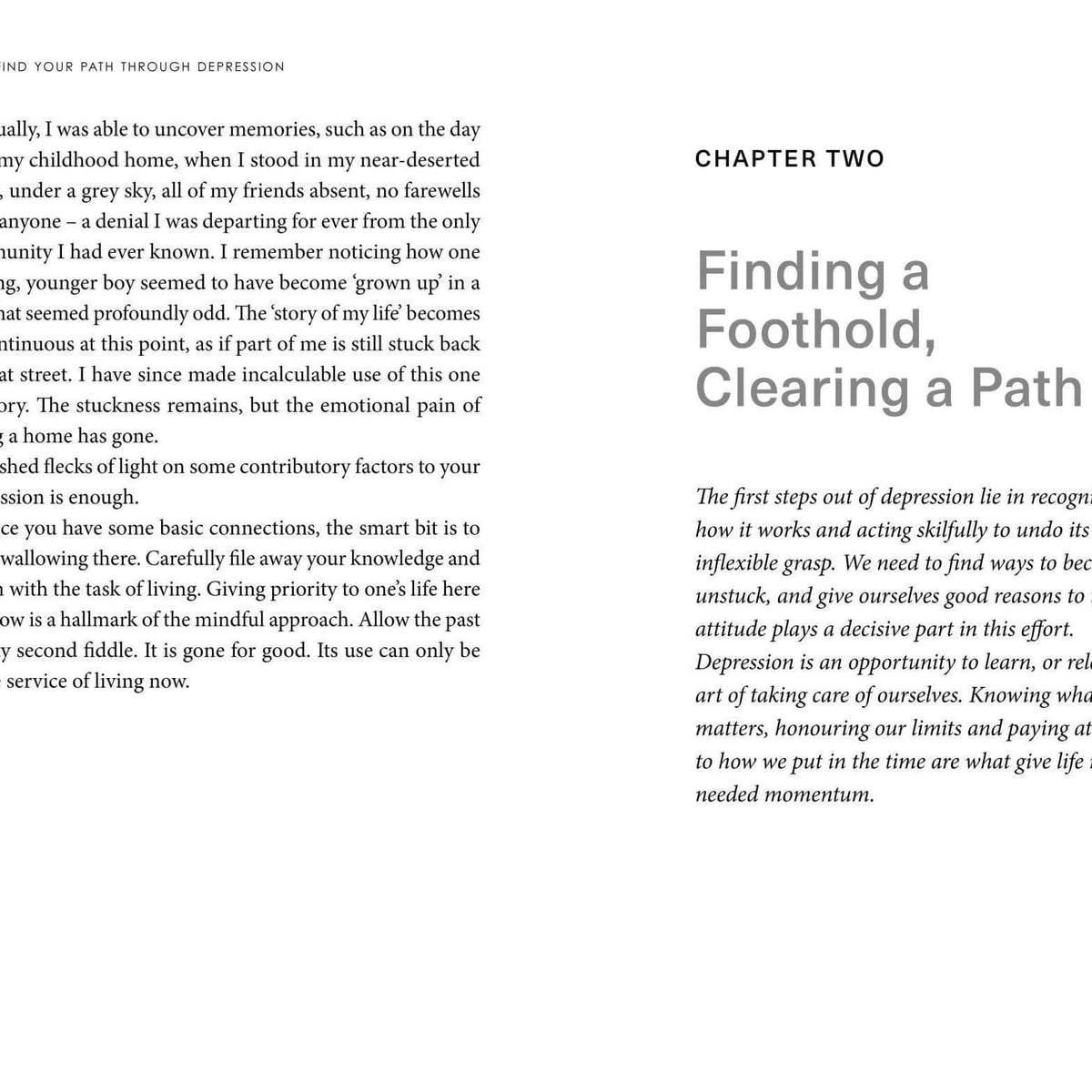 Book page with text on depression and recovery, chapter title 'Finding a Foothold, Clearing a Path'.