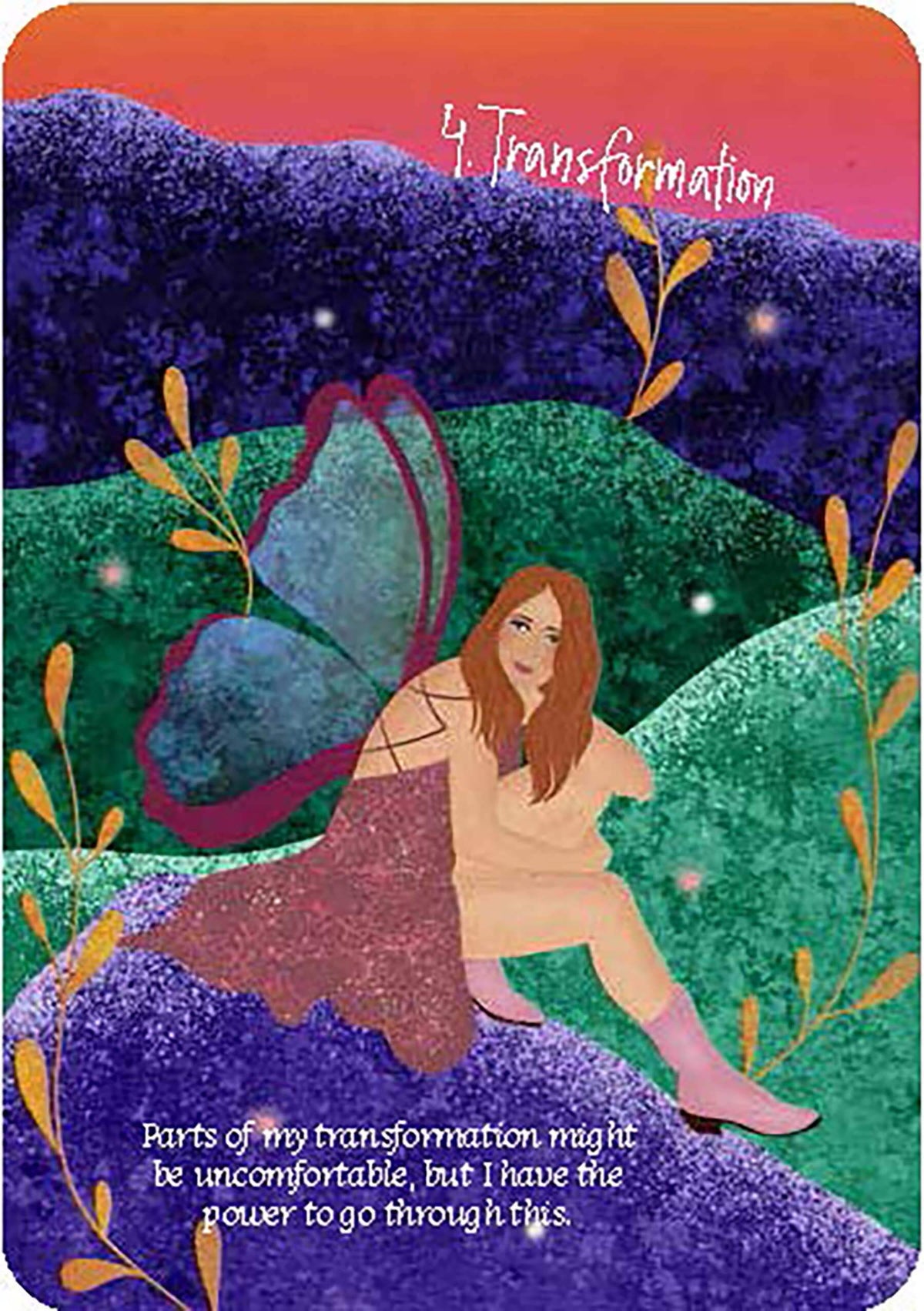 Card with a fairy sitting on a rock in a nature setting, titled 'Transformation'.