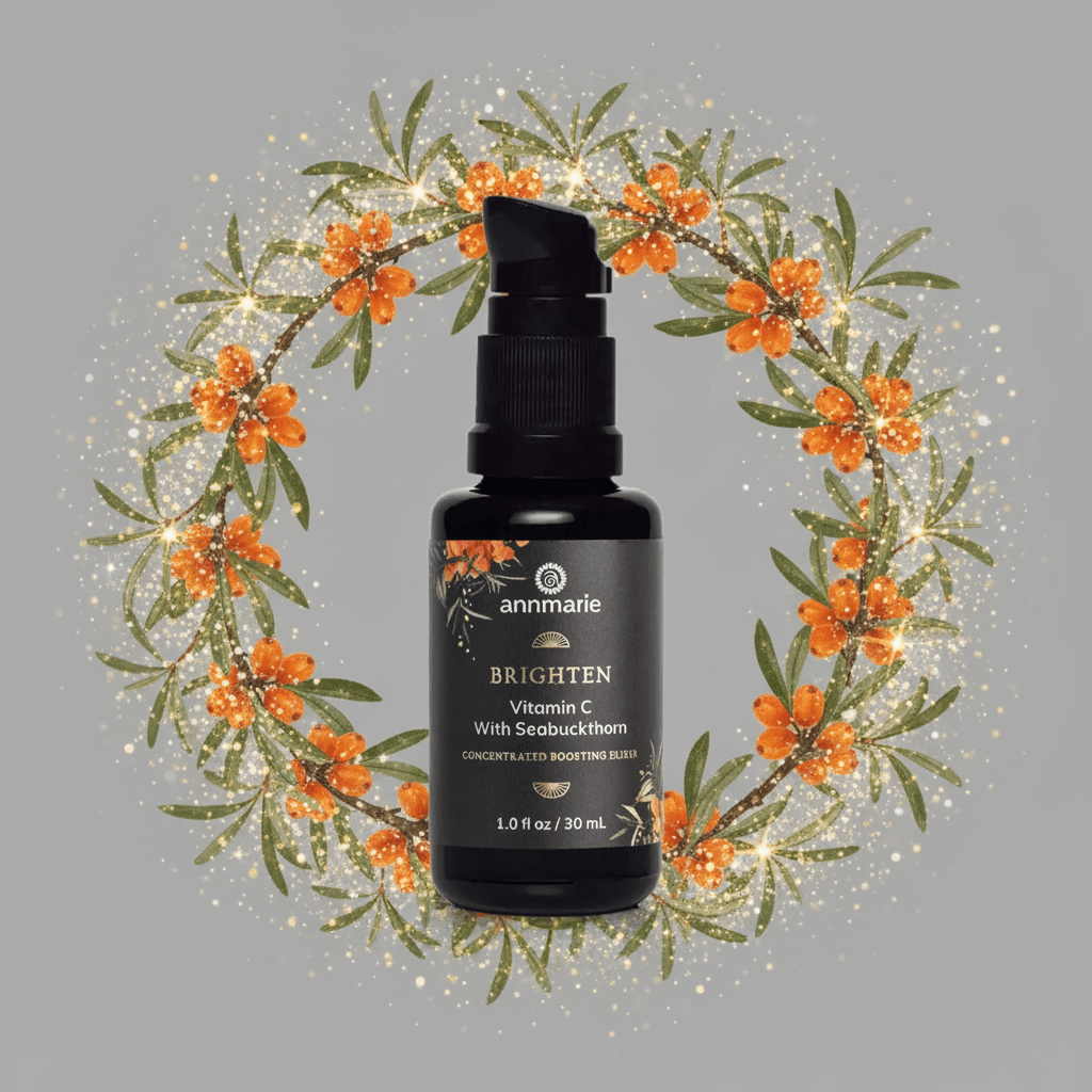 Black skincare bottle with decorative wreath of orange berries and green leaves on a gray background