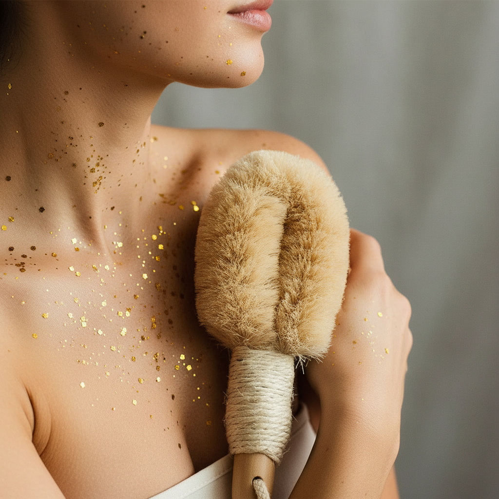 Person holding a dry brush with gold glitter on skin against a neutral background