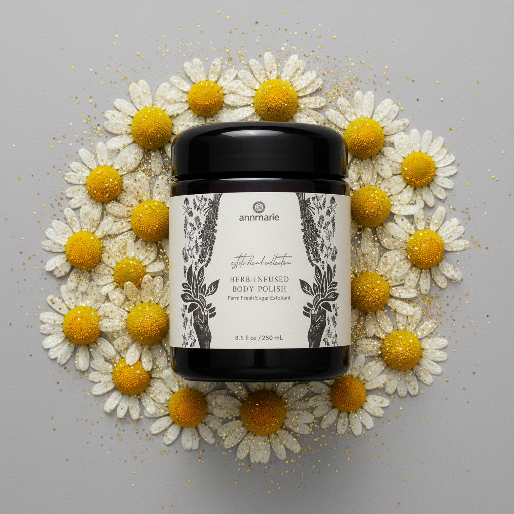 Body polish jar with floral arrangement on a gray background