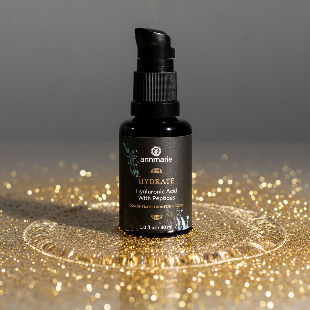 Black skincare bottle labeled 'annmarie' on a reflective surface with gold glitter