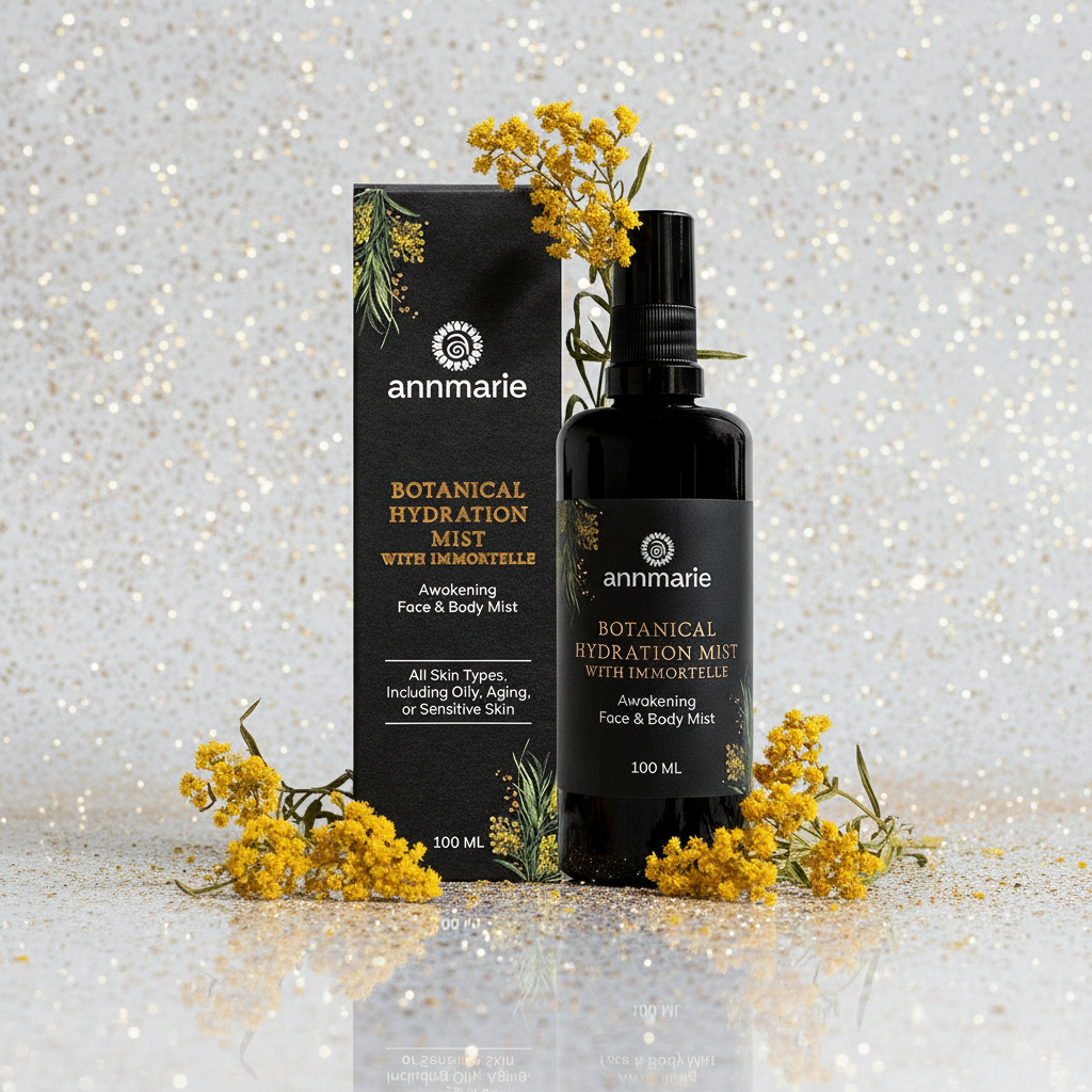 annmarie Botanical Hydration Mist bottle and packaging with yellow flowers on a sparkling background
