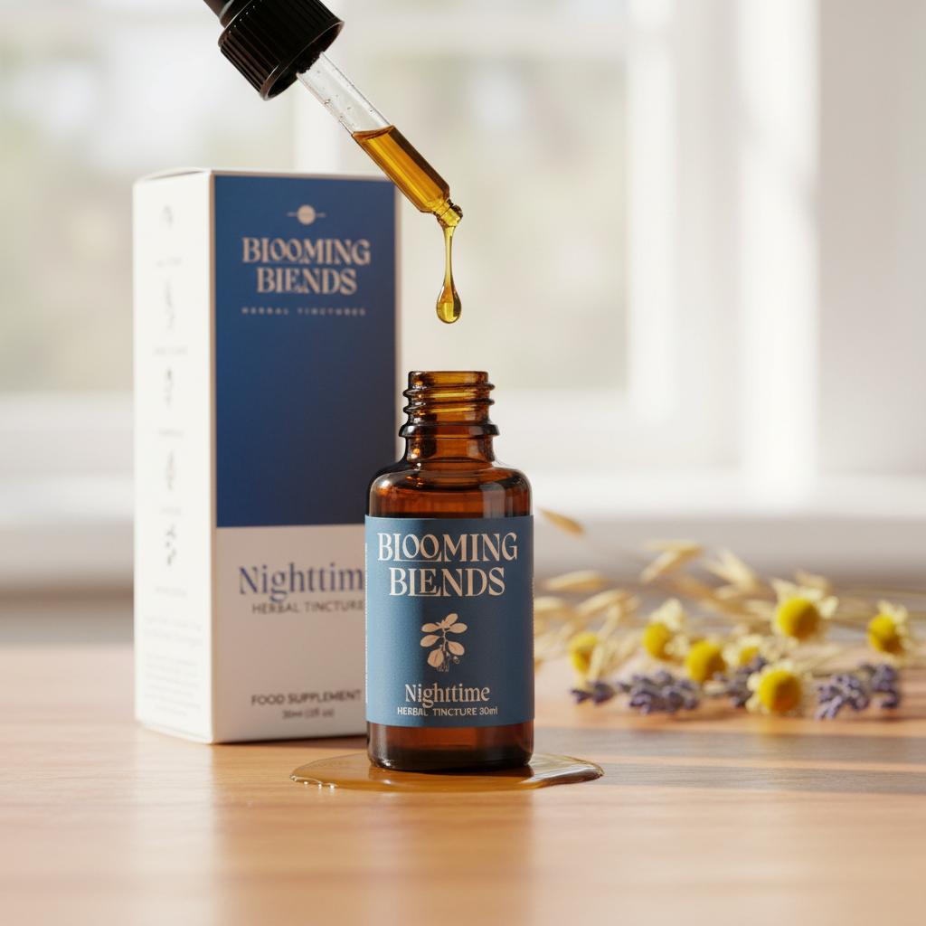 Bottle of Blooming Blends Nighttime Herbal Tincture with dropper and packaging on a wooden surface.