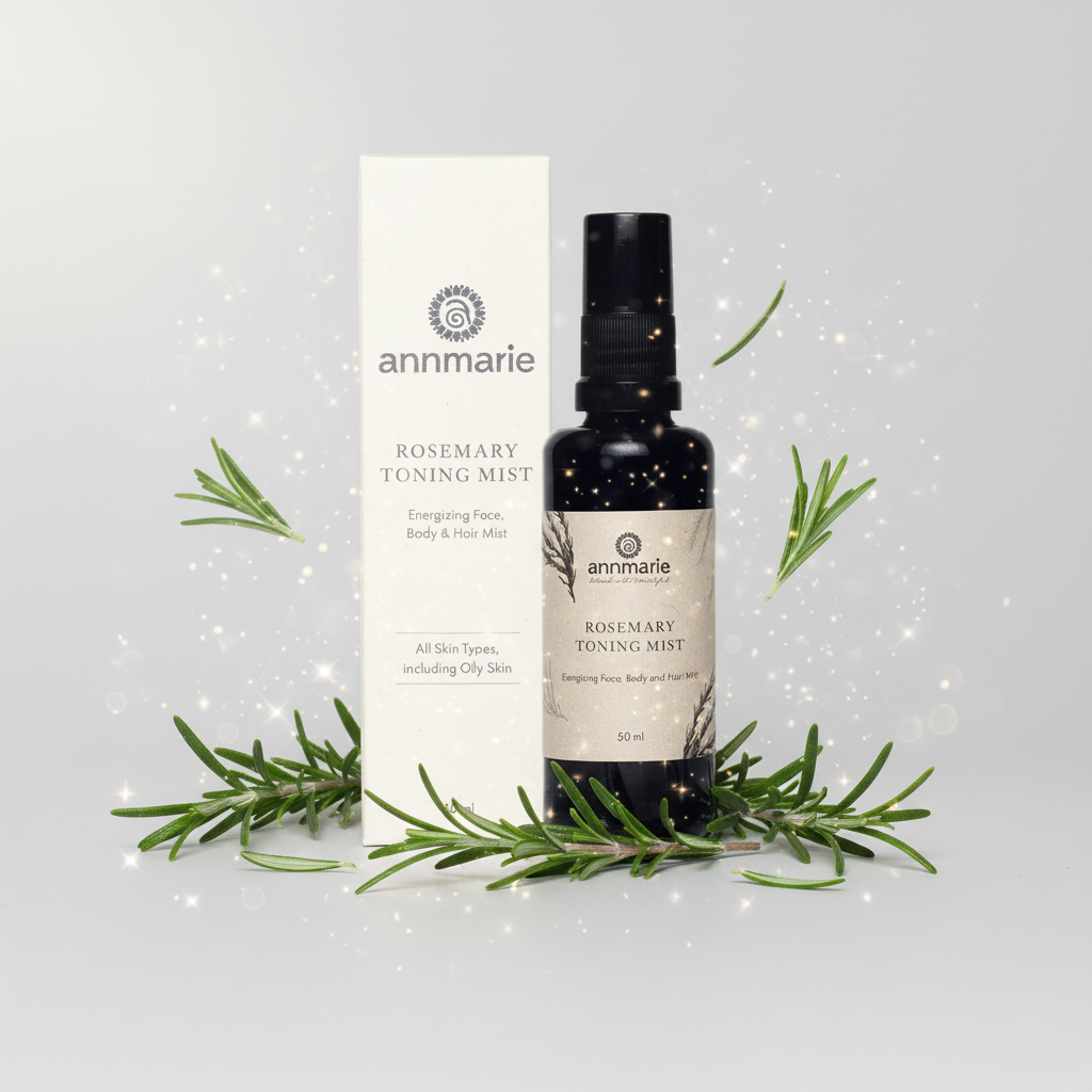 Annmarie Rosemary Toning Mist bottle and packaging with rosemary leaves on a light gray background