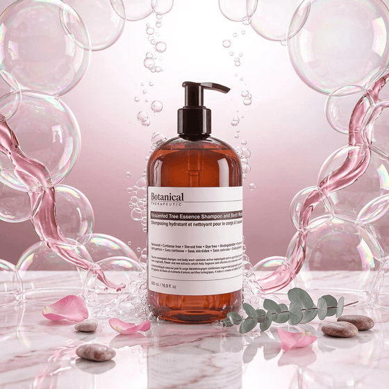 Brown bottle with pump and white label on a pink background with bubbles and eucalyptus leaves.