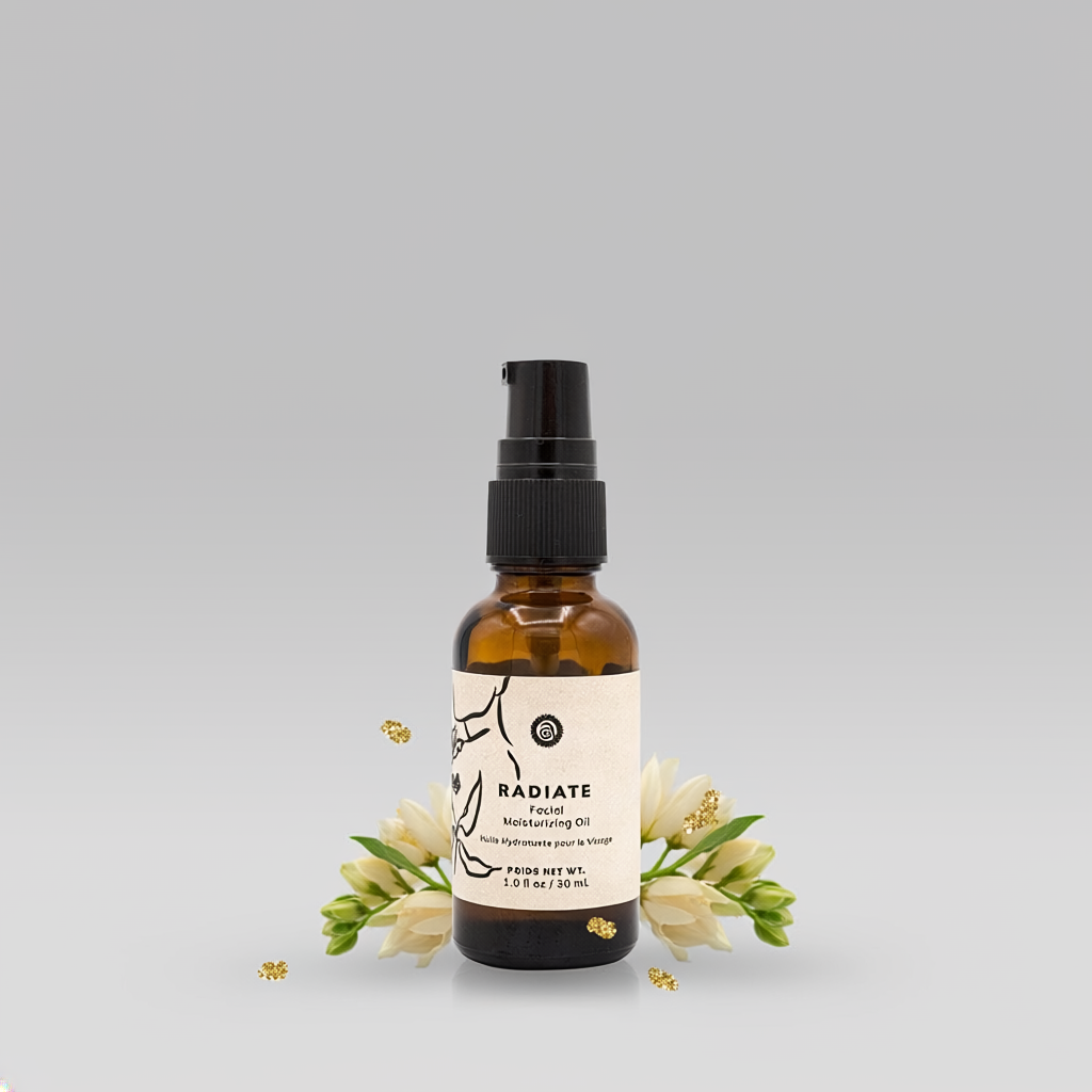 Brown spray bottle with a label on a gray background