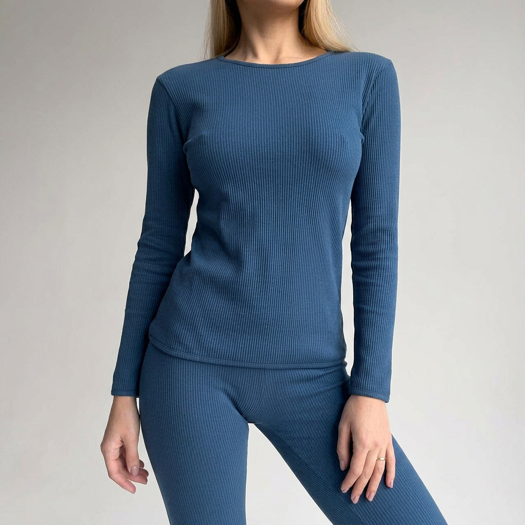 EASE 2 Piece Ribbed Cotton Loungewear - Blue featuring a model wearing a ribbed cotton top and bottom in blue.