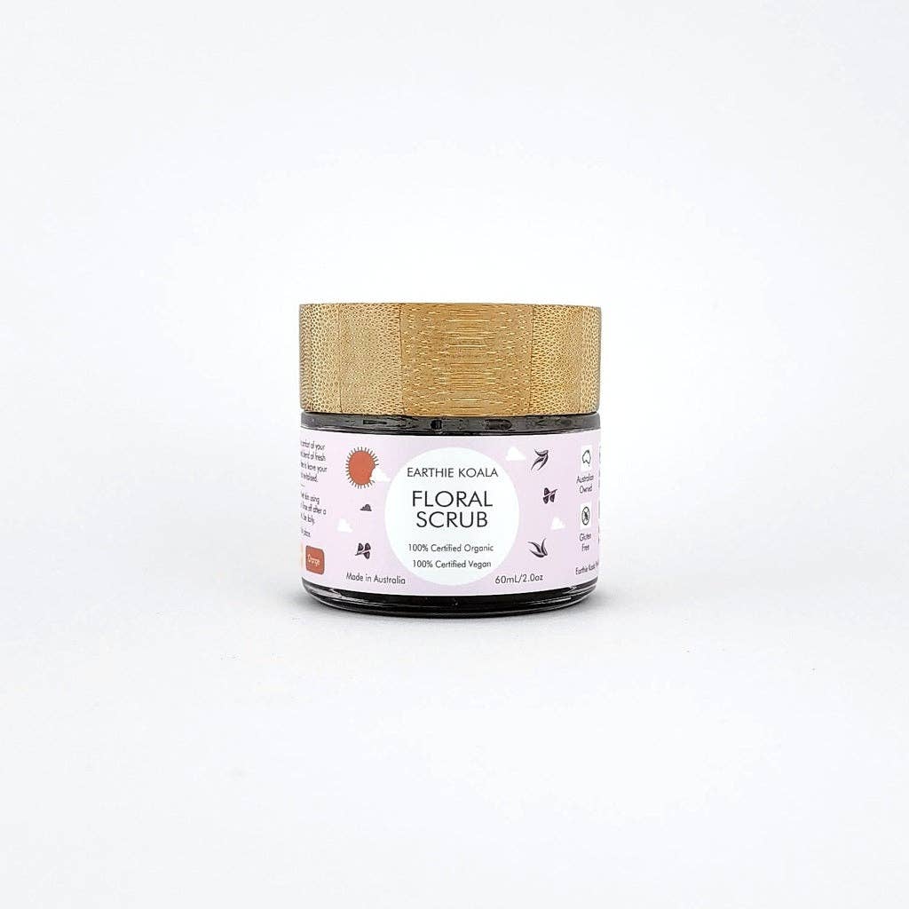 Earthie Koala Floral Scrub 60ml jar with natural ingredients for gentle exfoliation and radiant skin.