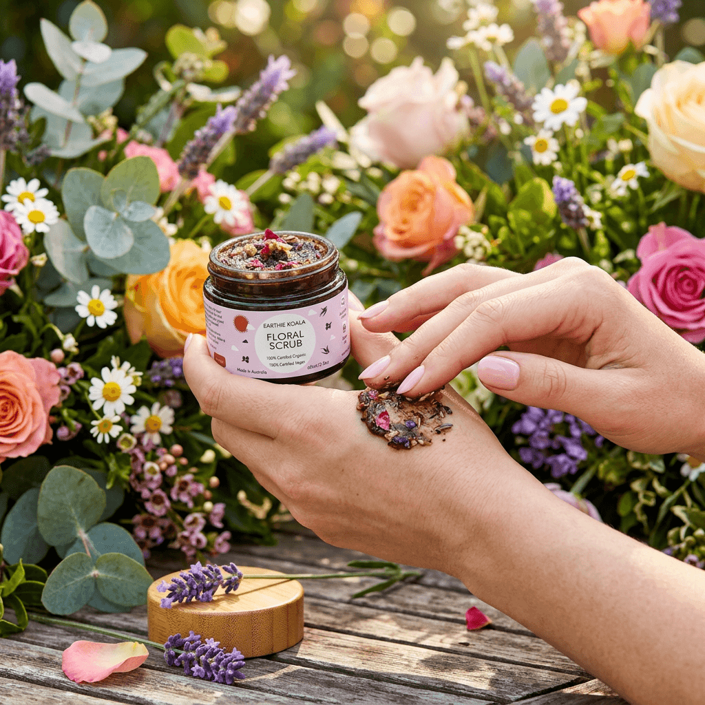 Floral Scrub 60ml - Earthie Koala in hand with flowers in the background, showcasing its luxurious exfoliating properties.