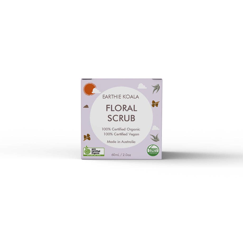 Floral Scrub 60ml - Earthie Koala packaging featuring organic and vegan certifications.