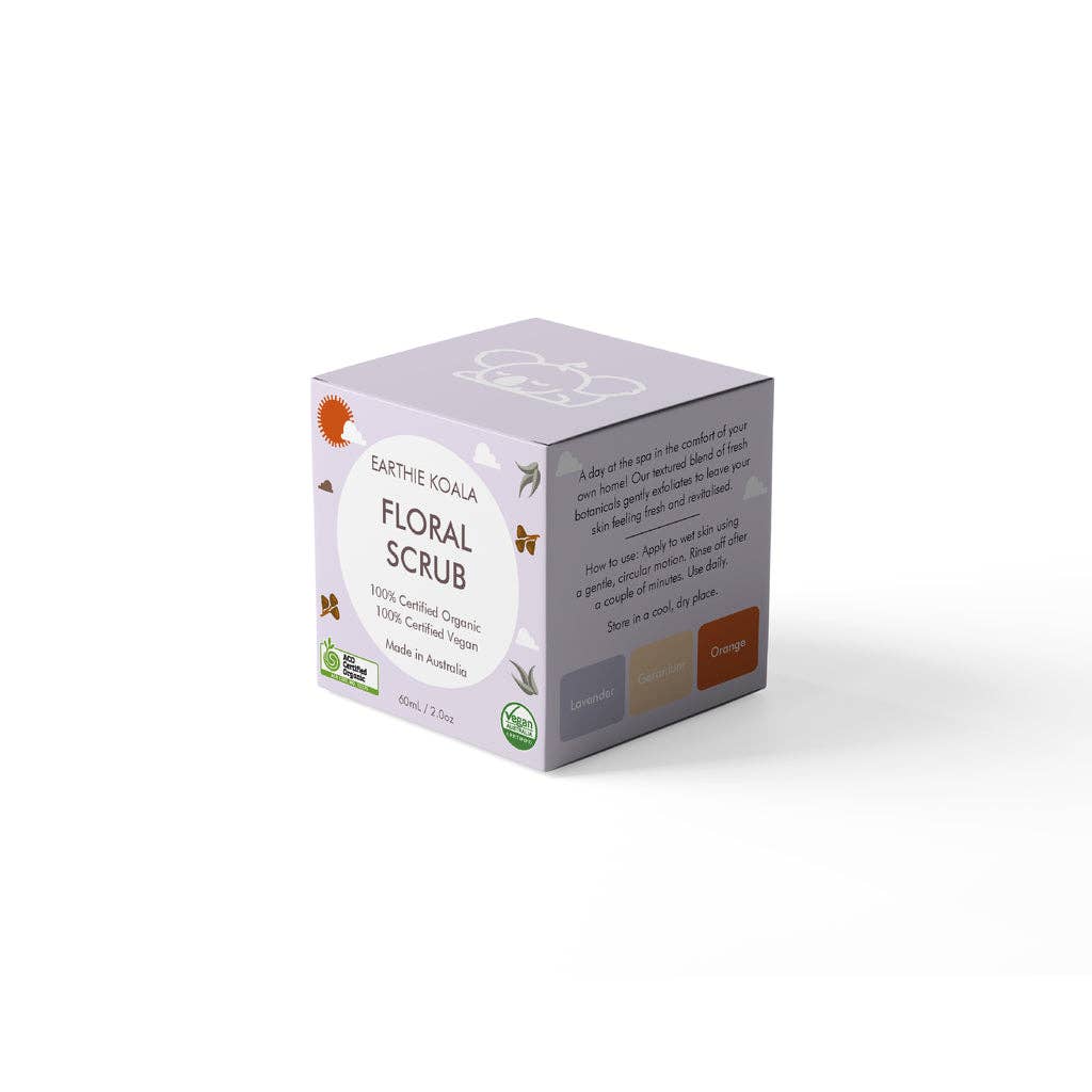 Floral Scrub 60ml - Earthie Koala packaging showcasing natural ingredients and spa-inspired design.
