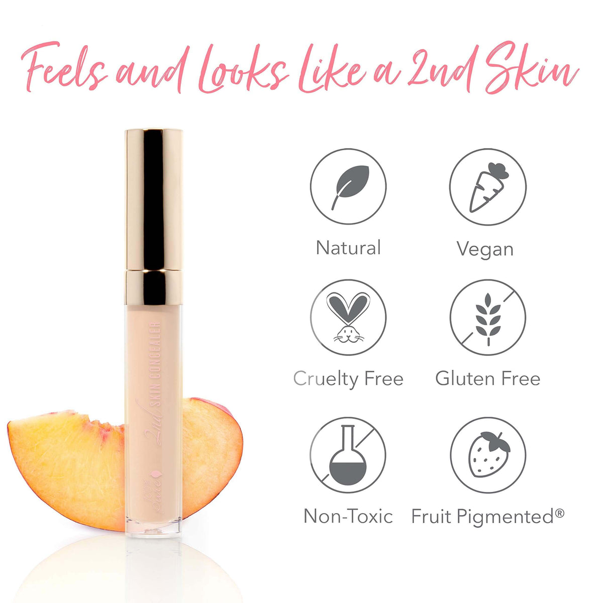 Fruit Pigmented® 2nd Skin Concealer for natural finish with claims of vegan, cruelty-free, gluten-free, and non-toxic.