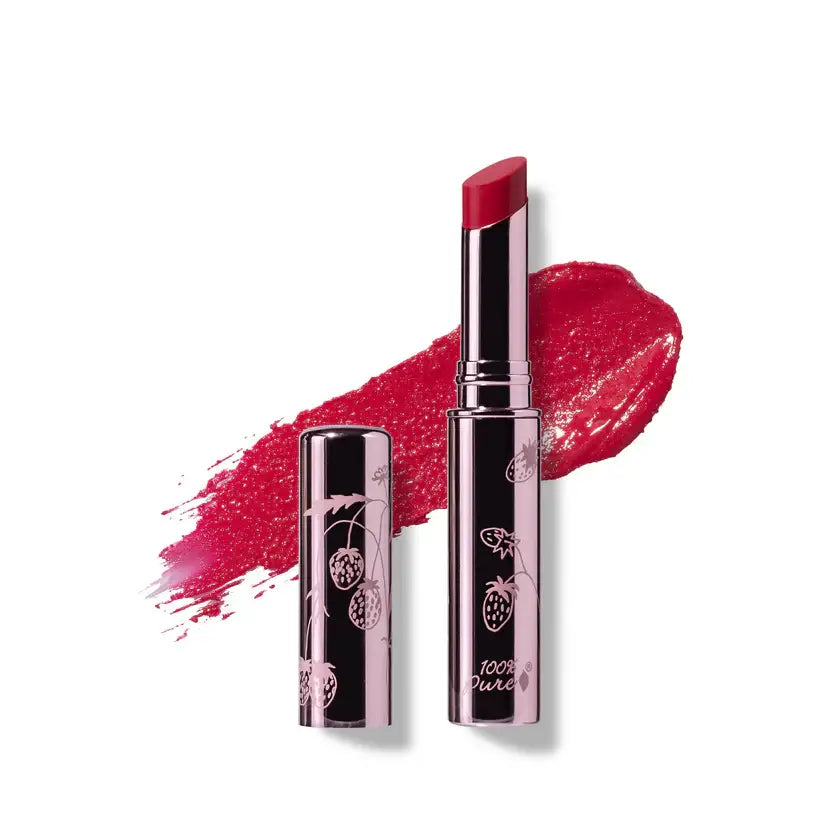 Red lipstick with black packaging on a white background