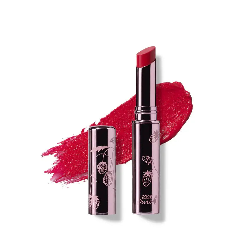 Red lipstick with black packaging on a white background