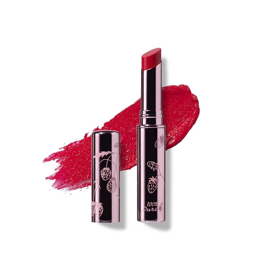 Red lipstick with black packaging on a white background