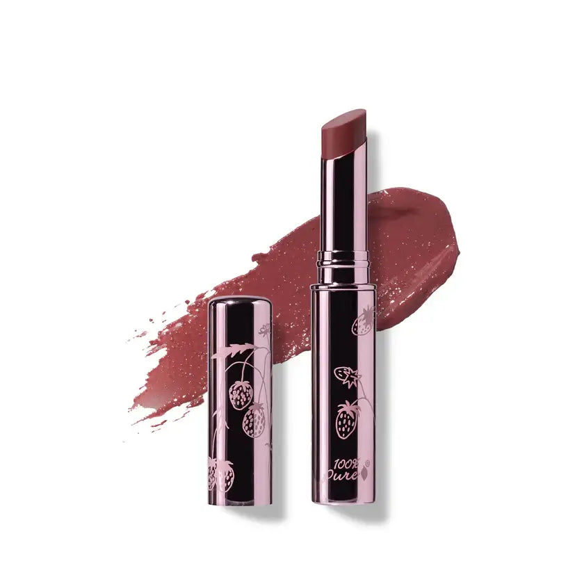 Lipstick with black casing and visible brand logo on a white background