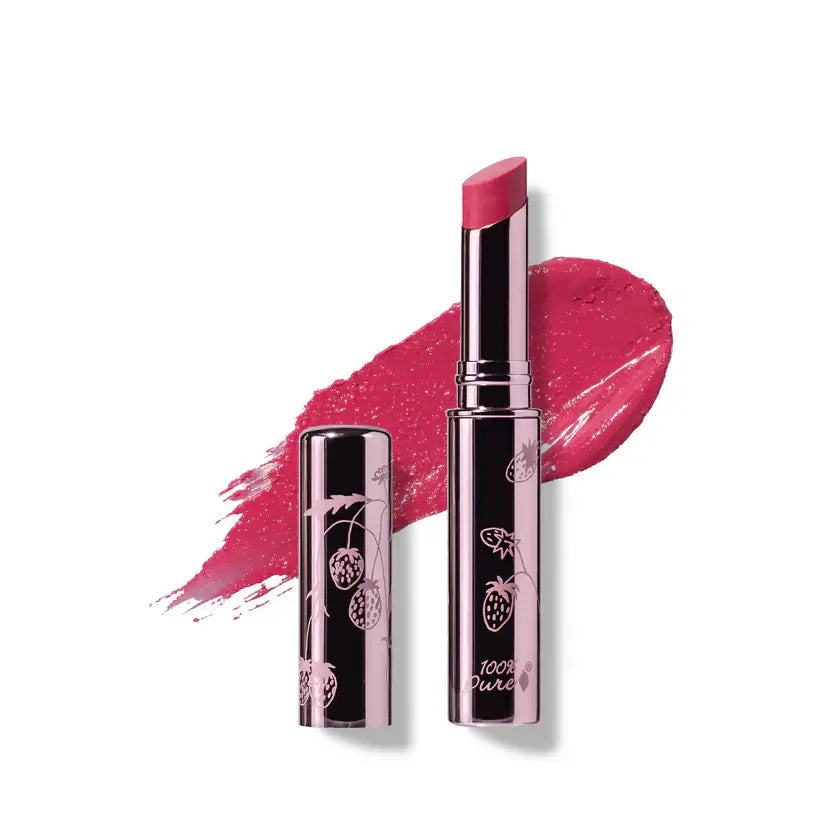 Pink lipstick with black packaging on a white background