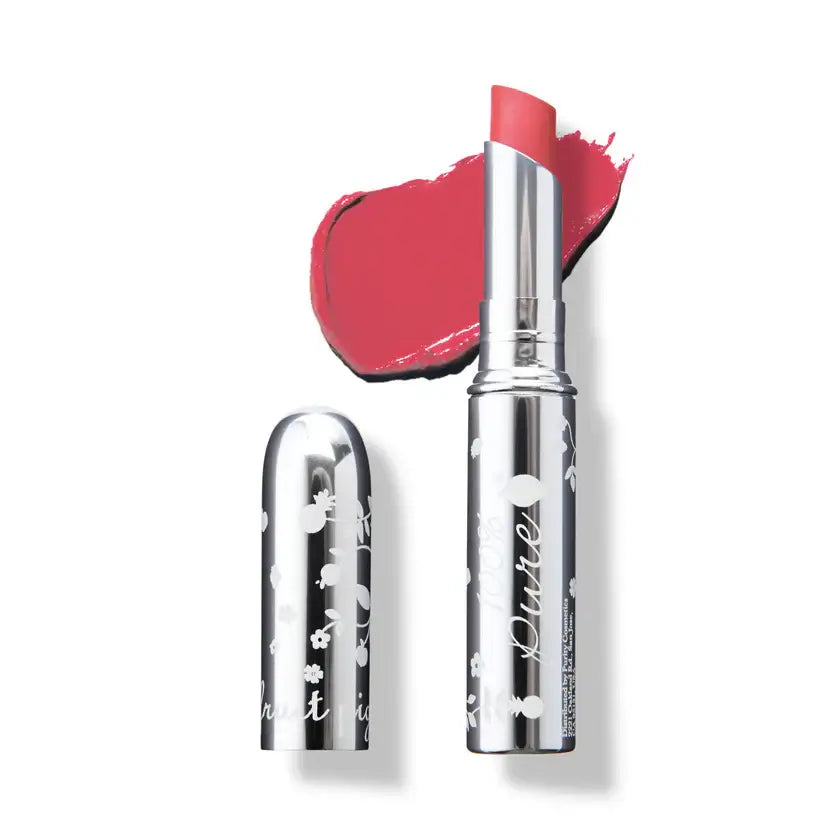 Lipstick with silver case and floral design on a white background
