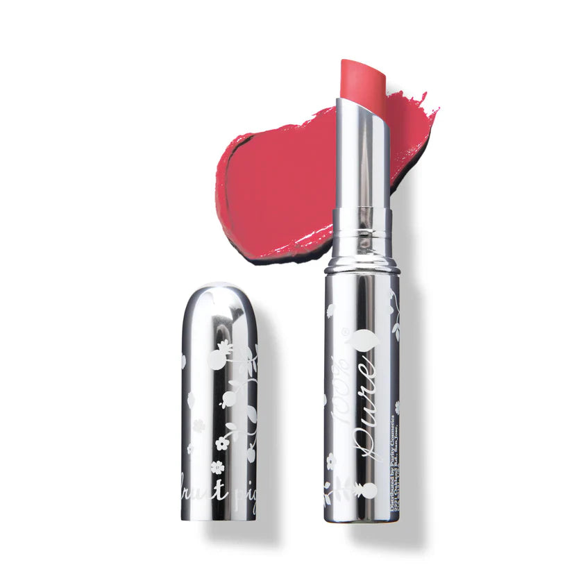 Lipstick with silver case and floral design on a white background