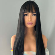 Black wig with bangs on a mannequin head against a gray background