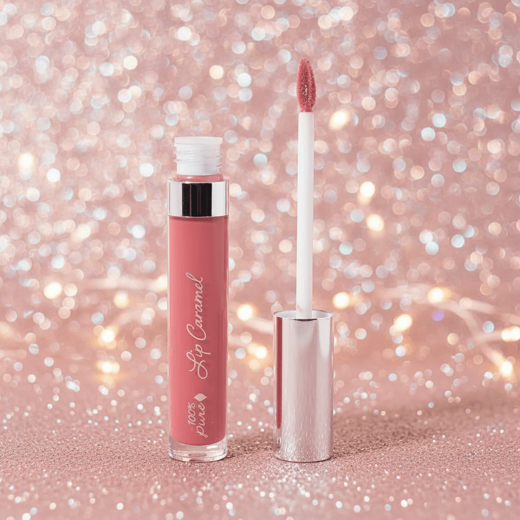 Lip gloss with applicator on a glittery pink background