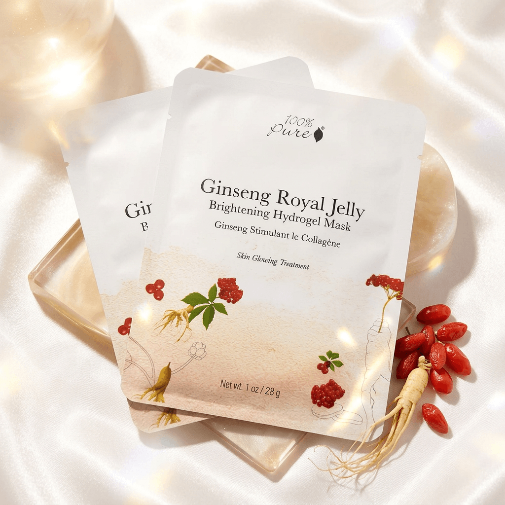 Ginseng Royal Jelly hydrogel mask packaging on a soft fabric background