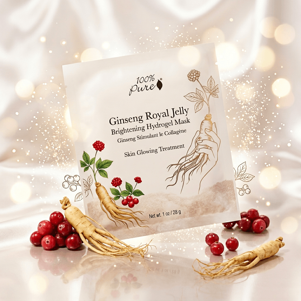 Ginseng Royal Jelly brightening hydrogel mask packaging with ginseng roots and red berries on a soft background