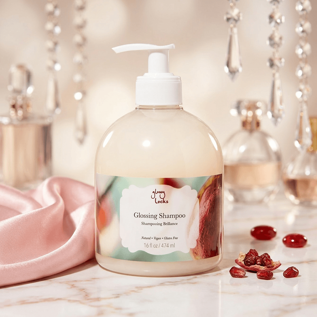 Glossing Shampoo bottle with a label on a marble surface with decorative elements.