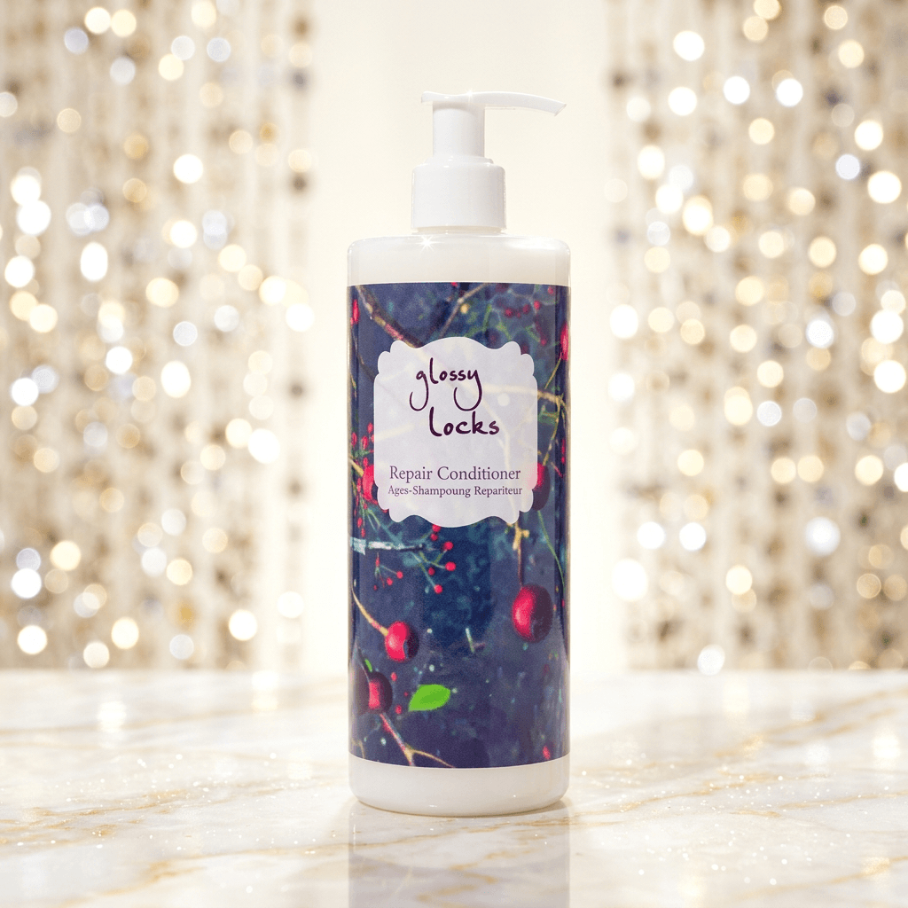 Glossy Locks repair conditioner bottle with a decorative label on a sparkling background