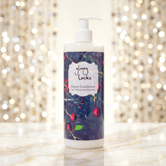 Glossy Locks repair conditioner bottle with a decorative label on a sparkling background