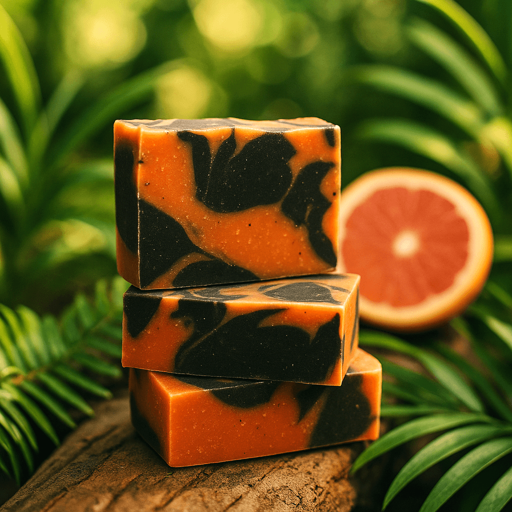 Grapefruit Palmarosa Bar Soap - Soap Boutique stacked on a log with citrus backdrop.