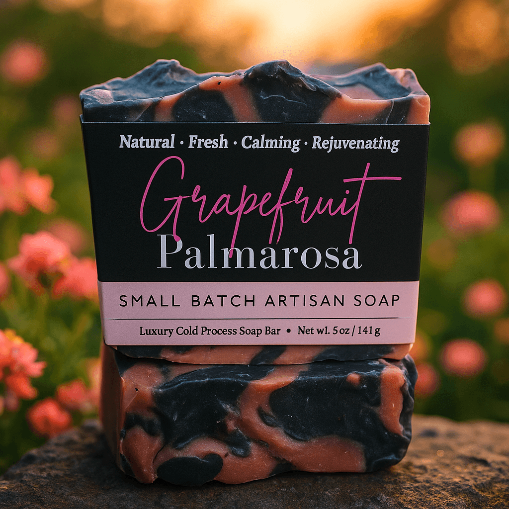 Grapefruit Palmarosa Bar Soap - Soap Boutique, a small batch artisan soap with vibrant colors and floral background.