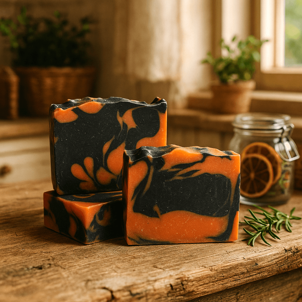 Grapefruit Palmarosa Bar Soap - Soap Boutique displayed on a rustic wooden table with natural decor.