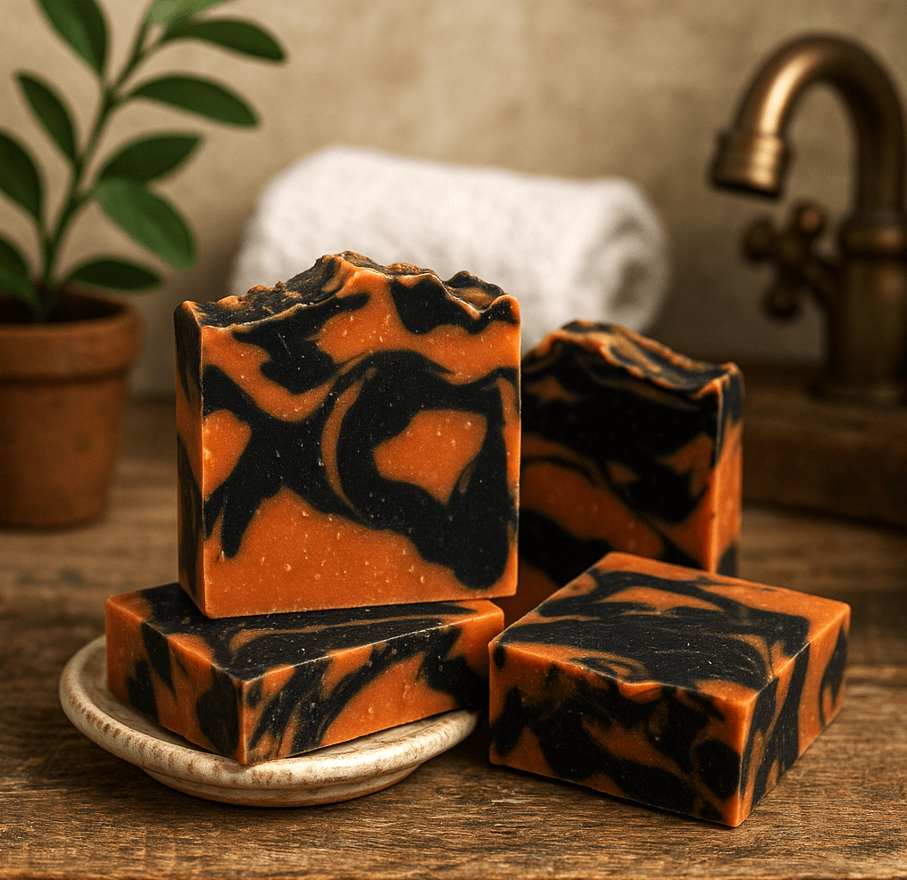Grapefruit Palmarosa Bar Soap - Soap Boutique displayed on a dish with a natural background, showcasing its vibrant colors.