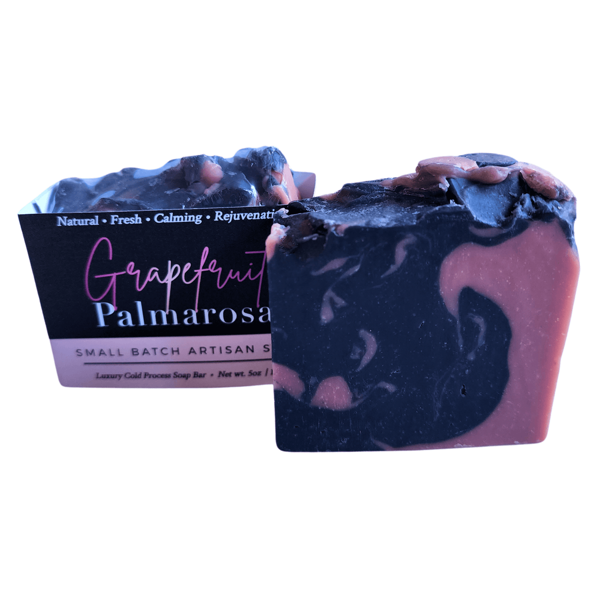 Grapefruit Palmarosa Bar Soap - Soap Boutique showcasing a vibrant, handcrafted soap bar with citrus and floral swirls.