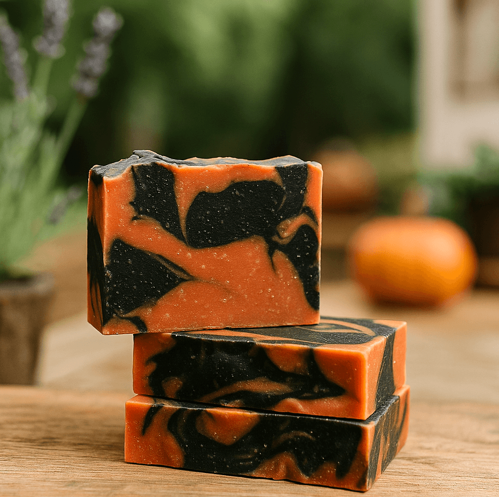 Grapefruit Palmarosa Bar Soap - Soap Boutique displayed with vibrant orange and black swirls on a wooden surface.