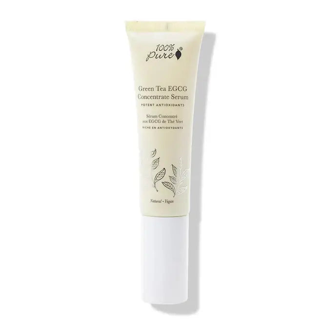 Green Tea EGCG Concentrate Serum by 100% Pure in tube packaging, promoting daily antioxidant protection and skin revitalization.