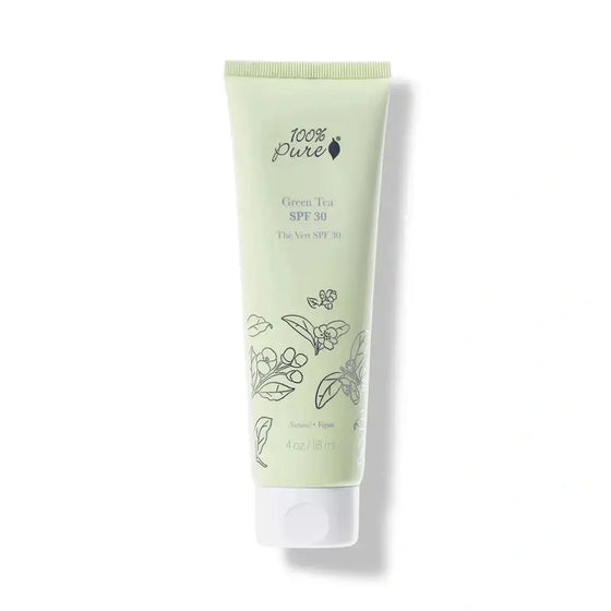 Green tube of sunscreen with branding on a white background