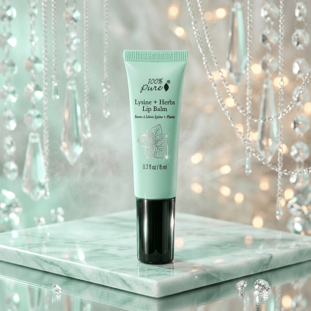 Green lip balm tube on a marble surface with decorative lights in the background