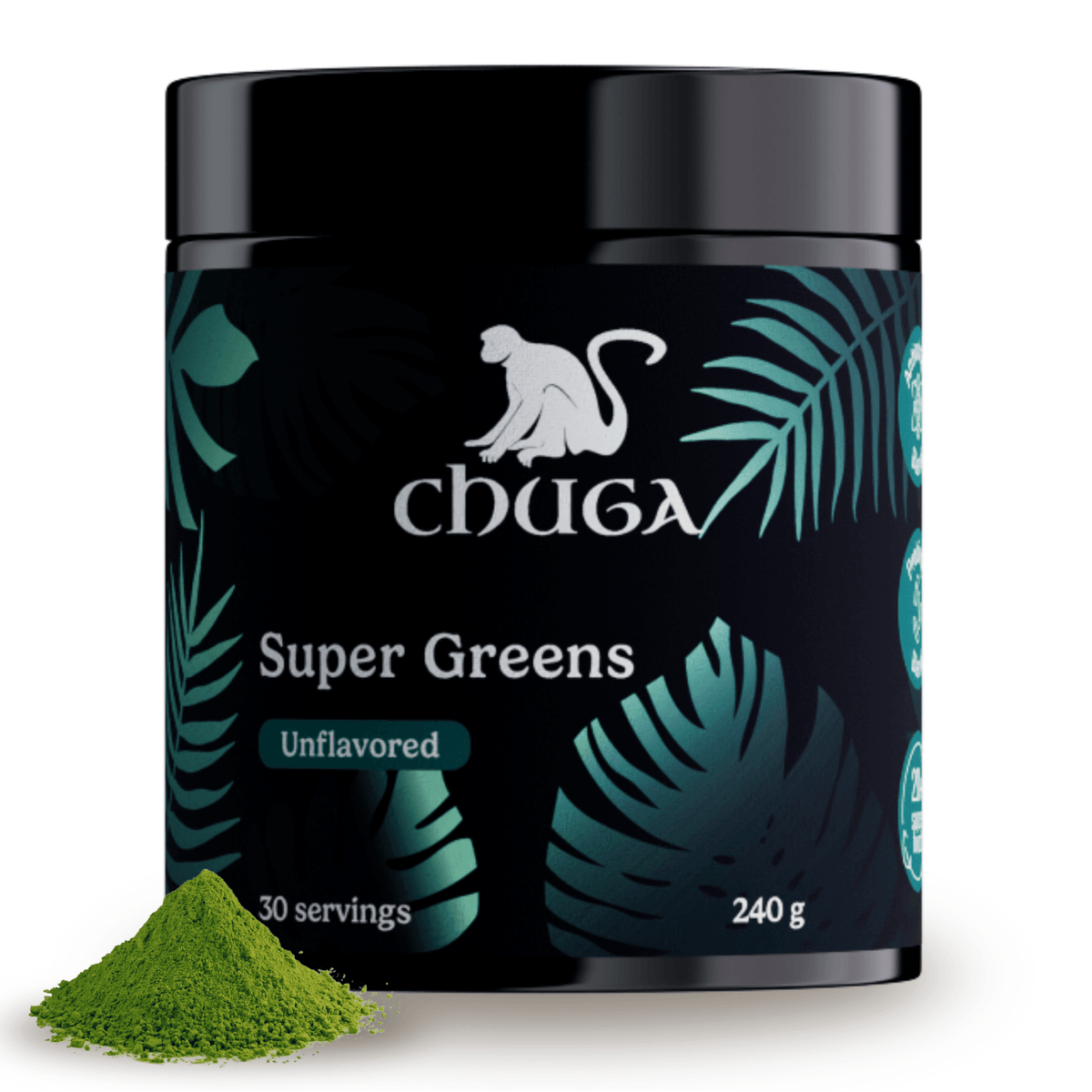 Super Greens Powder in a black container with green powder, featuring 20+ organic superfoods for daily health.
