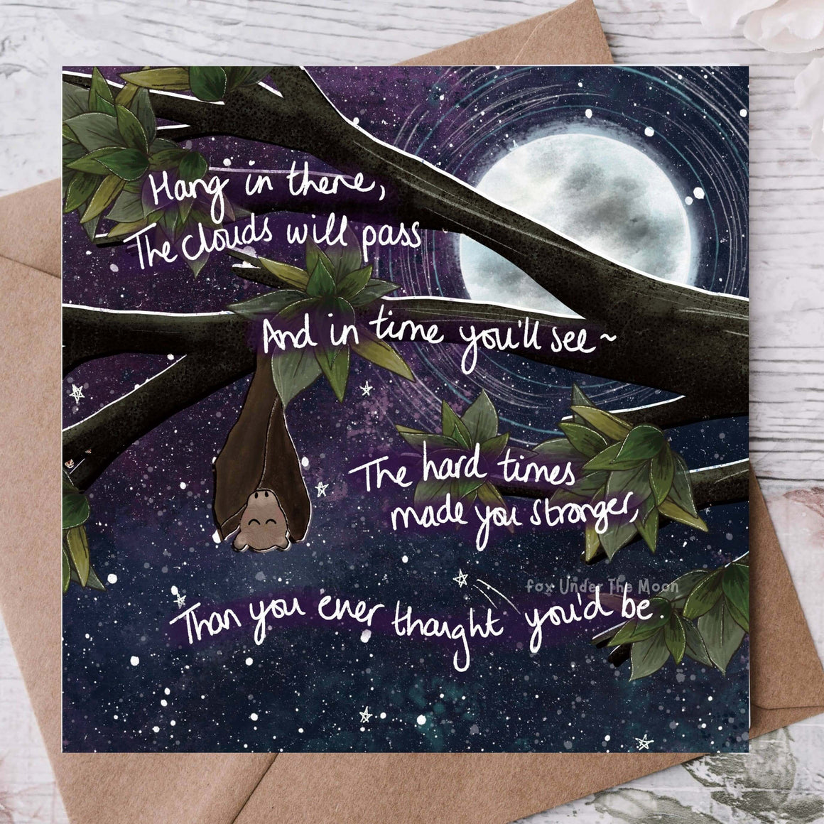 "Hang In There" greeting card design featuring comforting message and artwork, ideal as an Encouragement Card by Fox Under The Moon.