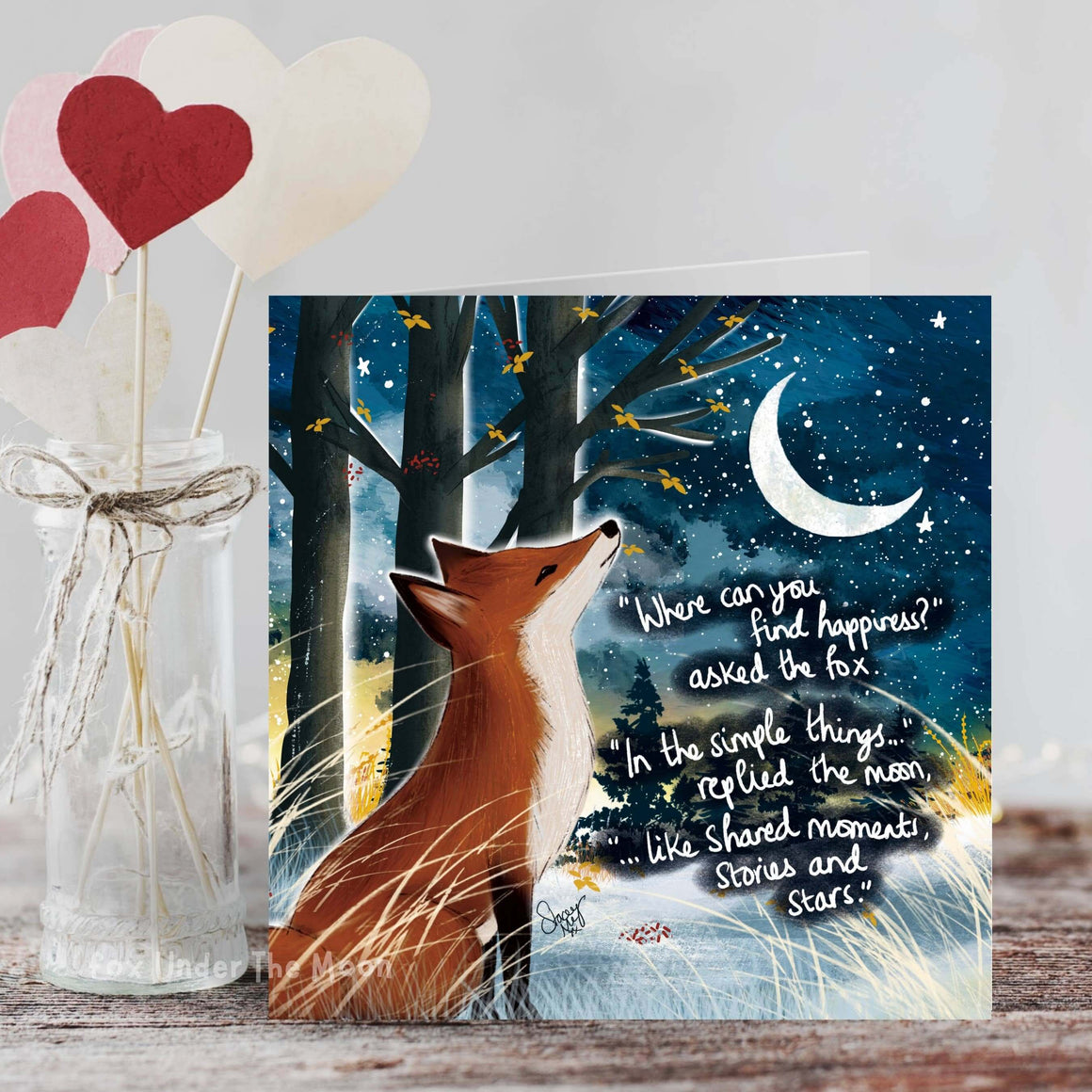 Happiness - Greeting Card From Fox Under The Moon with a fox and moon illustration, spreading joy and positivity.