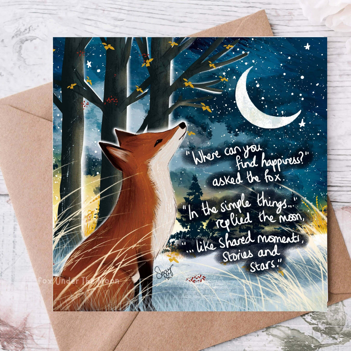Happiness - Greeting Card From Fox Under The Moon featuring a fox and inspirational text about finding happiness.