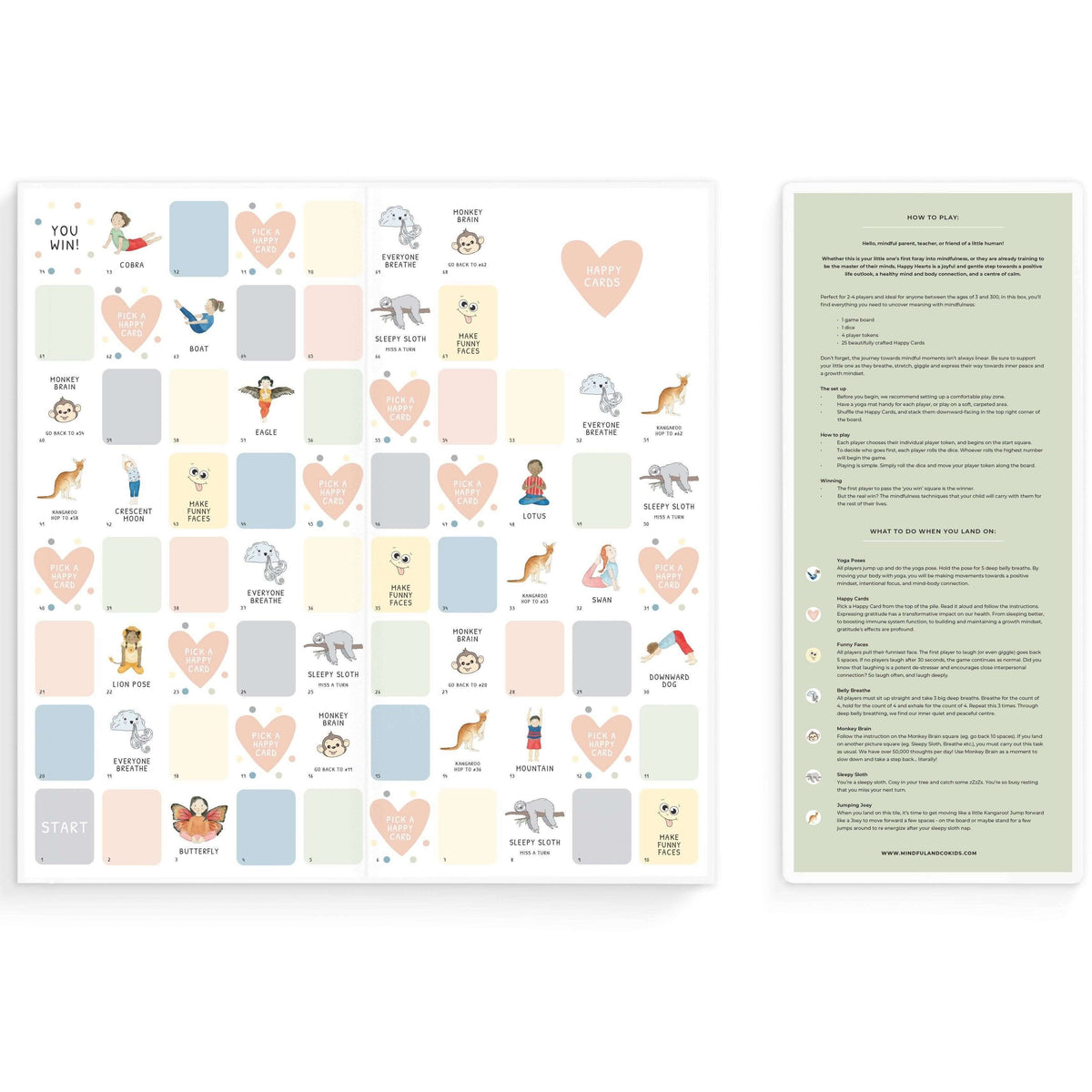 Two sheets of paper with colorful heart and animal illustrations on one, and text on the other, against a white background.